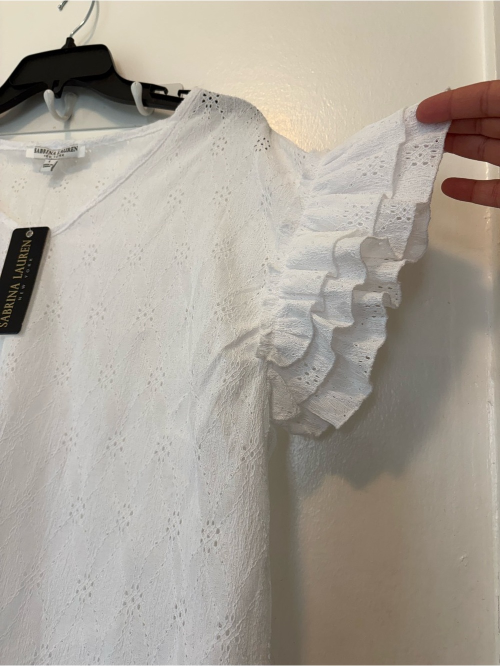 Women’s White Eyelet Ruffle Sleeve Tee - Picture 7 of 12